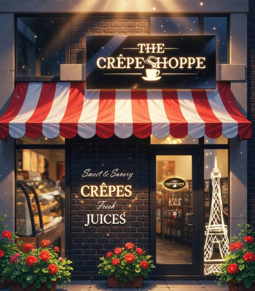 The Crêpe Shoppe charming French-style storefront with red and white striped awning, Eiffel Tower window graphic, and flower boxes full of red flowers.